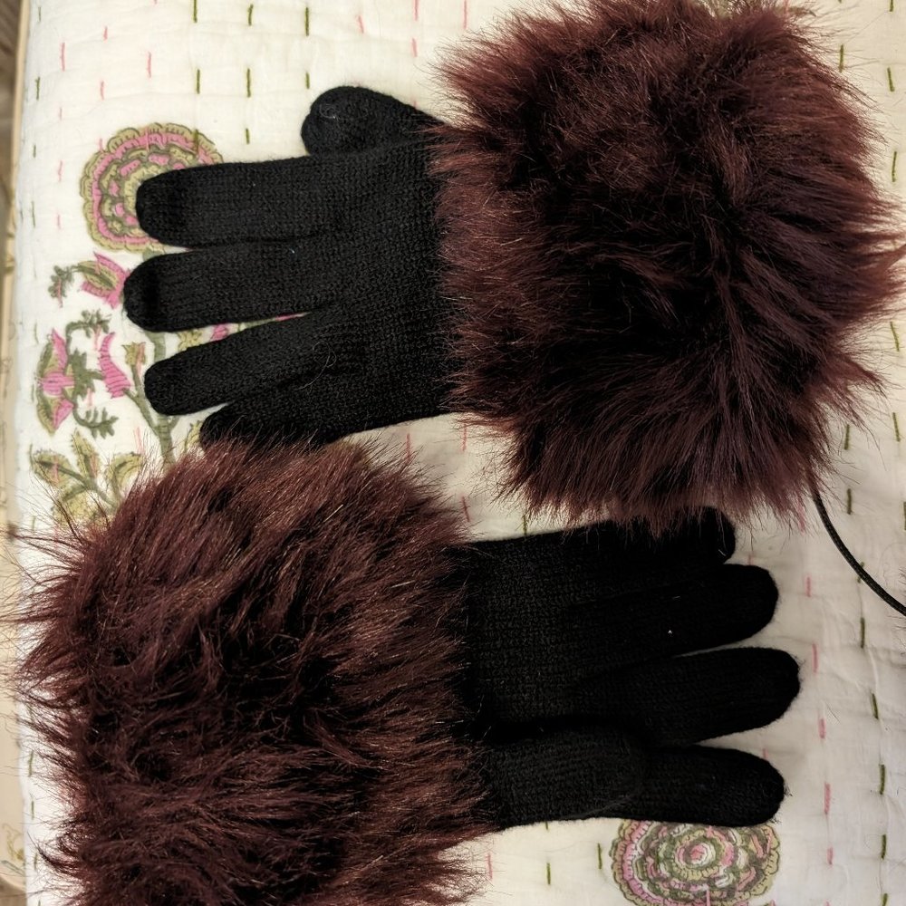 Ann Taylor Black Gloves with faux fur trim and earmuffs NWOT